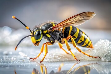 Long exposure captures a fleeting wasp, black and yellow, on a white background.