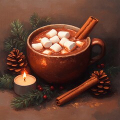 Fototapeta premium A cozy cup of hot chocolate with marshmallows and cinnamon sticks, a burning candle, and pine branches.