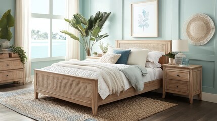 Calm Mint Bedroom with Woven Rug and Nightstand