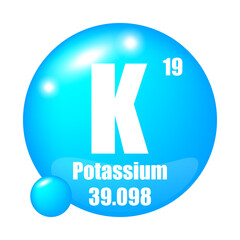 Potassium element. Atomic symbol K. Atomic number nineteen. Mass 39.098.