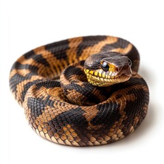 A black and brown snake with yellow stripes coiled up on a white background.