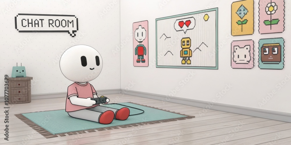 Poster inside a minimalist chat room with pixel art murals a simple character with a round head and short l