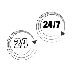 24 hour icon. Continuous service symbol. Time vector graphic. Circular arrow design.