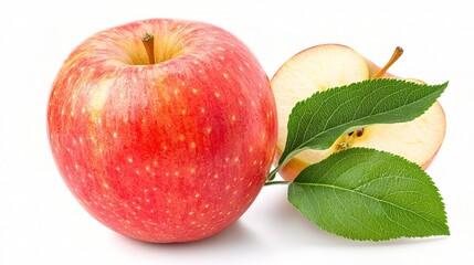 Fresh Red Apple with a Green Leaf and Slice Isolated on a White Background Ideal for Health, Nature, or Food-Themed Creative Projects