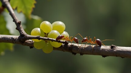 Two ants on a twig carrying heavy grapes.generative.ai 