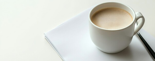 A cup of coffee sits on a notepad with a pen, suggesting a moment of reflection or work.