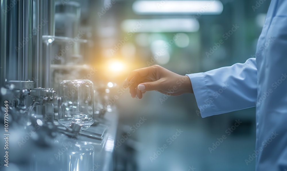 Poster A hand in a lab coat interacts with a high-tech device, radiating light, symbolizing innovation and scientific exploration in a modern laboratory environment.