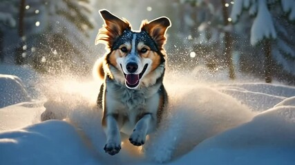 Happy running dog on winter snow forest background at sunny shiny day