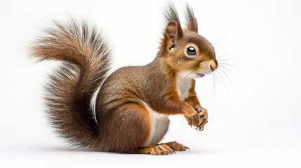 Obraz premium Adorable Red Squirrel (Sciurus vulgaris) Isolated on White Background, Captured in High Definition for Nature Lovers and Wildlife Enthusiasts