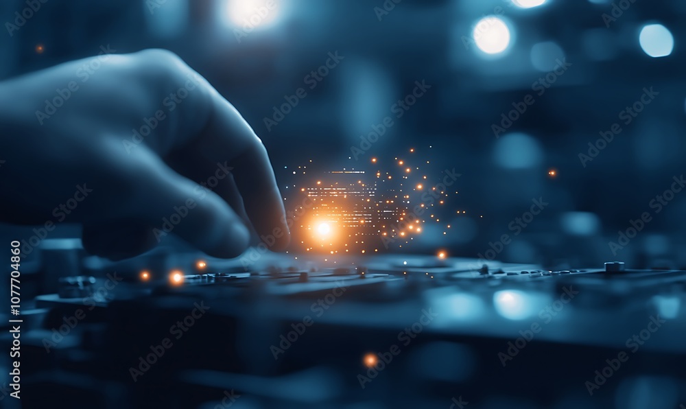 Aufkleber A hand interacts with digital elements, creating a glowing effect against a blurred background, symbolizing technology and innovation.