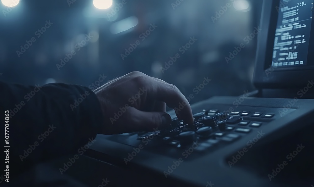 Aufkleber A close-up of a hand operating a vintage keyboard, with a dimly lit background and code displayed on a screen, creating a mysterious, tech-focused atmosphere.