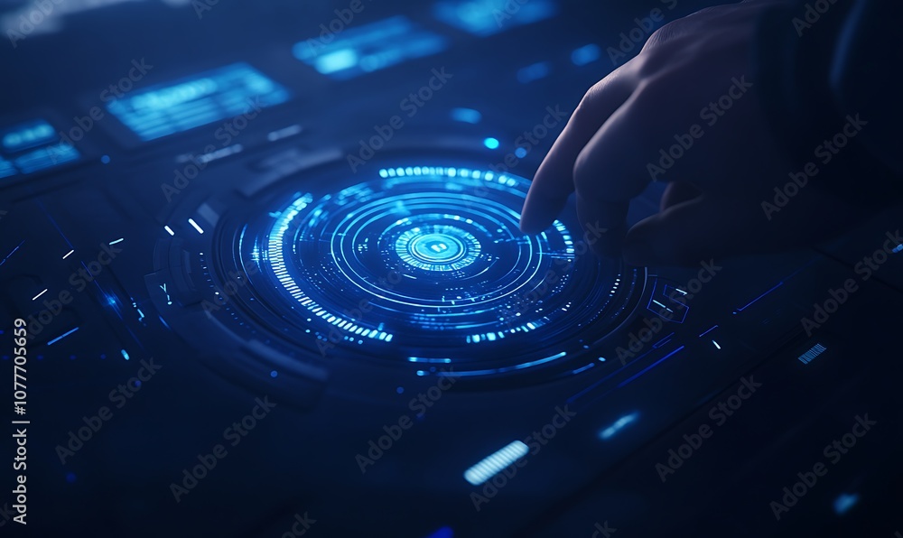 Poster a hand interacts with a glowing, futuristic interface, showcasing advanced technology and digital fe