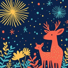 A red deer and fawn stand in a field of flowers against a dark blue sky with fireworks and stars.
