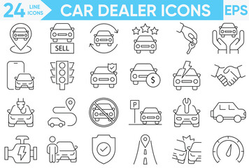 Car dealer icons . Car sales, finance, Test drive, warranty, service, insurance and electric Vehicles.Vector and illustrator set.