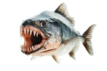 A close-up of a piranha fish with its mouth open, revealing sharp teeth. The fish is isolated on a white background.