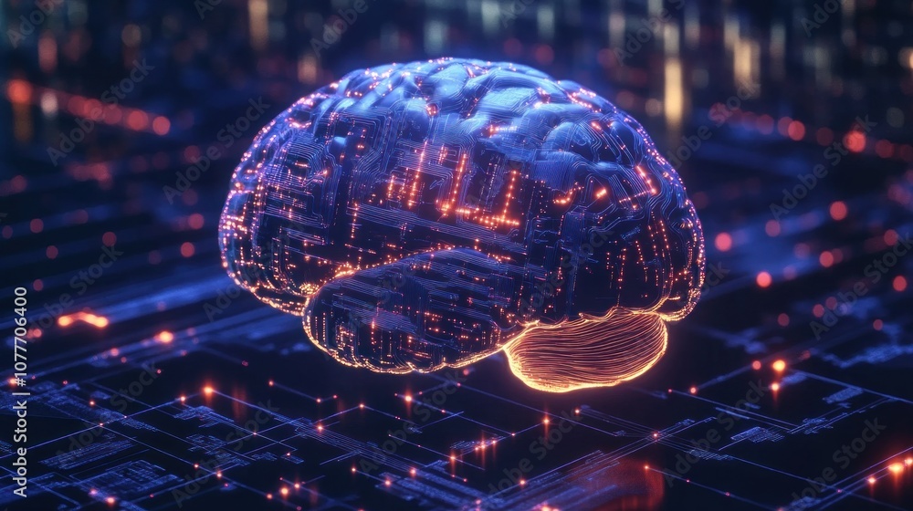 Poster 3d rendering of human brain with circuit board background. artificial intelligence concept - generat