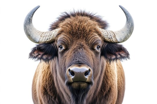 A close-up portrait of a large, brown water buffalo with large horns looking directly at the camera.  The buffalo is isolated on a white background.