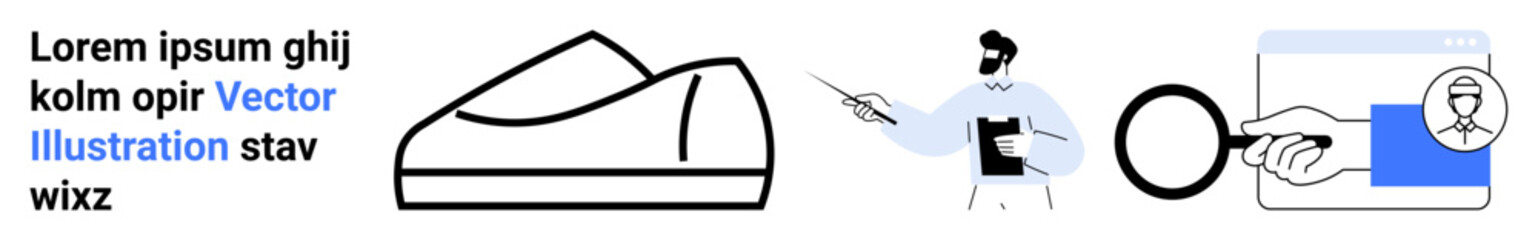 Abstract drawing of a shoe, a person pointing with a clipboard, a hand holding a magnifying glass examining a webpage. Ideal for business presentations, branding, technology, education, e-commerce