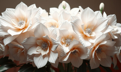 Fototapeta premium beautiful arrangement of artificial flowers in soft white tones, showcasing intricate petal details and delicate appearance, perfect for home decor or events