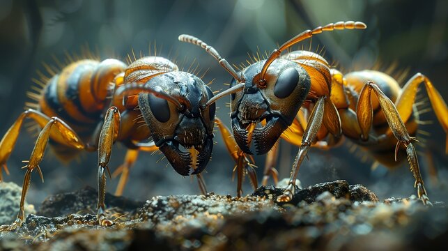 Ants Up Close: A Detailed Macro Photograph of Two Ants in a Confrontation