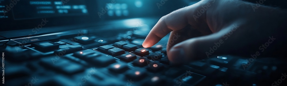 Aufkleber A close-up of a hand pressing a button on a digital keyboard, emphasizing technology, interaction, and precision in a dimly lit environment.