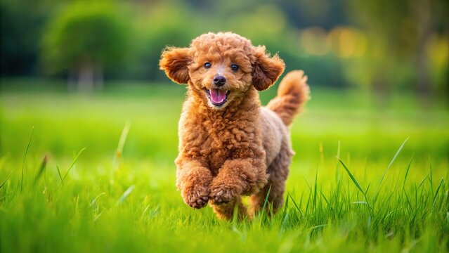 Playful brown poodle puppy sprints on vibrant grass.  Room for your caption.