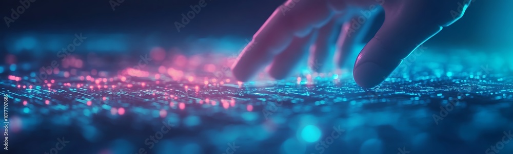 Poster a hand reaches towards a glowing surface filled with vibrant blue and pink particles, suggesting a s