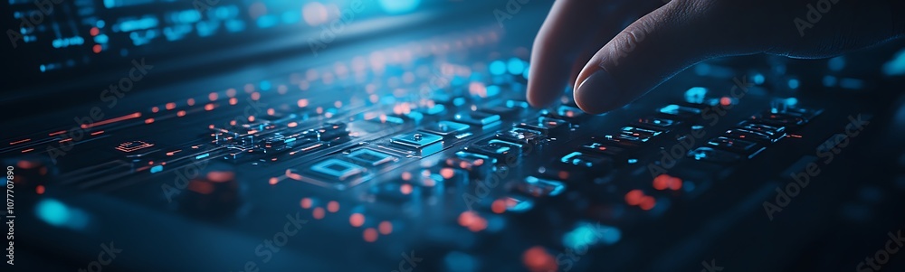 Aufkleber 1. a close-up of a user's hand interacting with a modern circuit board, showcasing vibrant lights an