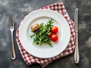 A minimalist plate featuring arugula, cherry tomatoes, and a small piece of meat.