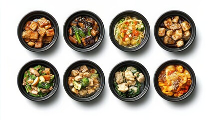 Chinese cuisine dishes on white background top view with space for text. chinese food. Ultra realistic. Photorealistic hypermaximalist advertising photography hyper realistic fine detail