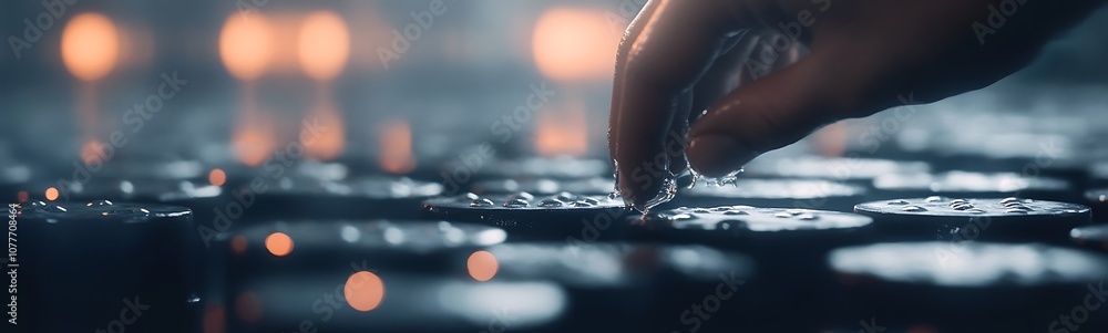 Fototapete A hand delicately interacts with water droplets on a reflective surface, creating a serene atmosphere with soft candlelight in the background.
