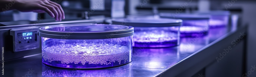 Poster A sleek laboratory setting featuring glowing containers filled with bubbling liquid, illuminated with purple light, showcasing a scientific experiment in progress.