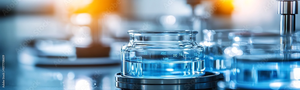 Aufkleber a close-up view of laboratory vials filled with blue liquid, set against a blurred background of a m