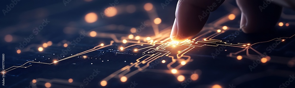 Poster a close-up of a finger touching a glowing network of lights, symbolizing connection, technology, and