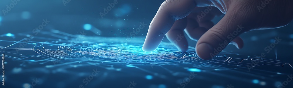 Poster A hand touches a glowing digital interface, symbolizing technological interaction and innovation in a futuristic setting.