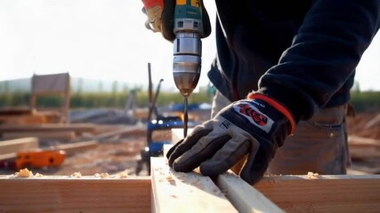 A man is using a drill to make a hole in a piece of wood
