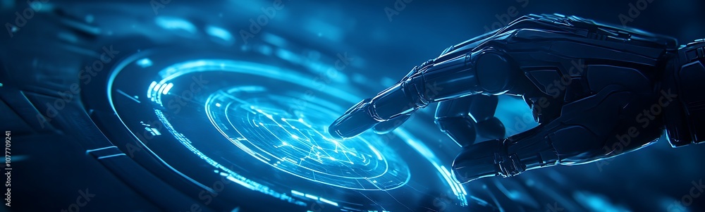Poster a futuristic blue-themed image showcasing a digital hand interacting with a holographic interface.