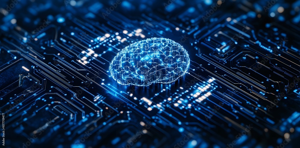 Poster a digital brain on a circuit board representing artificial intelligence.