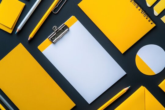 A flat lay of yellow stationery on a black background, including a clipboard, pencils, paper, and a notepad.