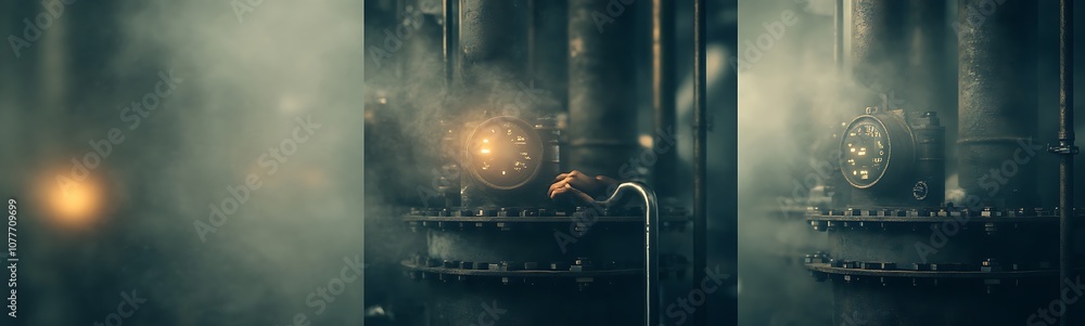 Aufkleber a dimly lit industrial scene features mysterious machinery and swirling fog, creating an atmospheric