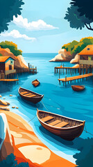 Obraz premium A picturesque coastal village with wooden boats moored at a pier and nestled between rocky hillsides.