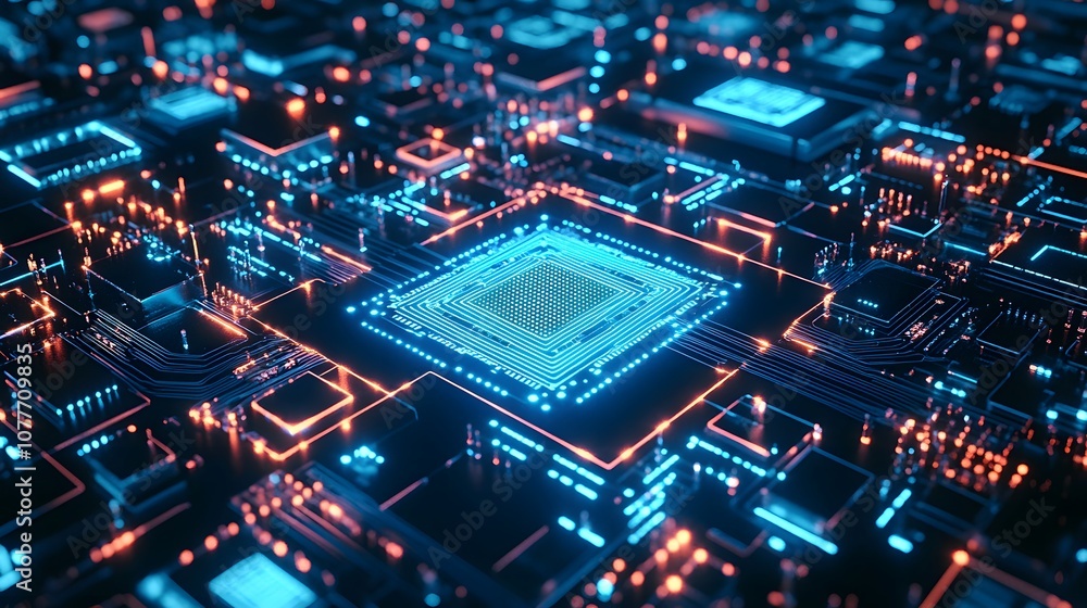 Poster a close-up of a glowing circuit board with blue and orange lights. the intricate pattern represents 