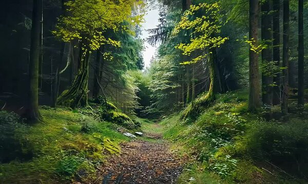 Circular Mirror Reflecting Lush Forest Pathway with ai generated.
