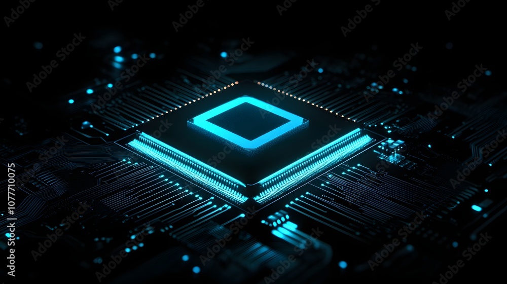 Poster a glowing blue cpu on a black circuit board, representing the power and technology behind modern com