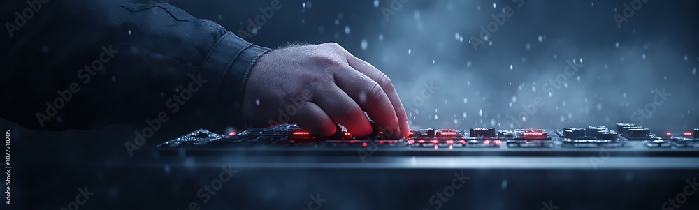 Poster A hand reaches out to press colorful buttons on a control panel amidst a misty, rain-like atmosphere, suggesting a high-tech or dramatic scene.