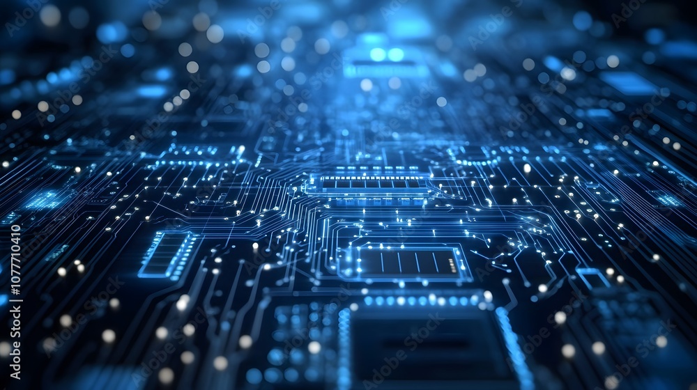 Poster abstract close-up of a circuit board with glowing blue lines, representing the complexity of modern 