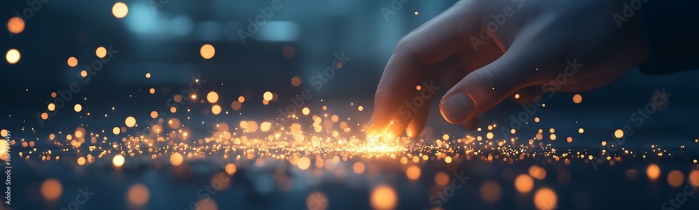 Poster A hand reaches towards glowing sparks, creating a mystical and enchanting atmosphere that suggests a connection between the human and the ethereal.