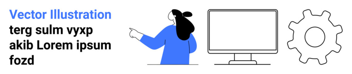 Woman in blue pointing at text block, computer monitor, gear icon. Ideal for tech, IT, business, instruction manuals, websites, blogs, educational materials. Banner for landing page
