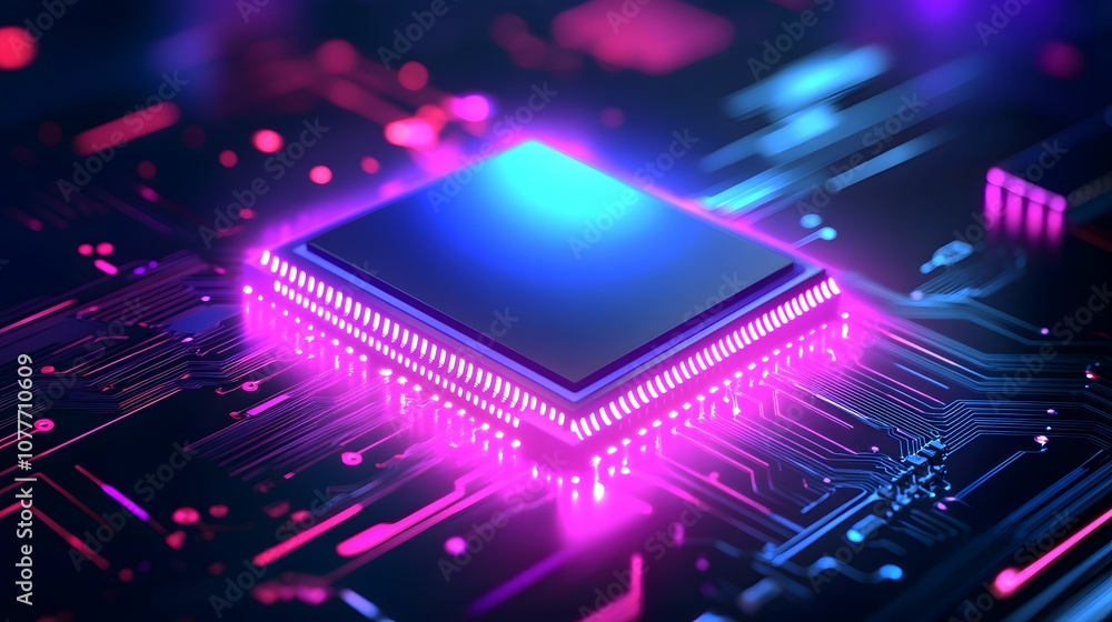 Aufkleber close-up of a computer chip with glowing blue and pink lights. the chip is the center of the image a