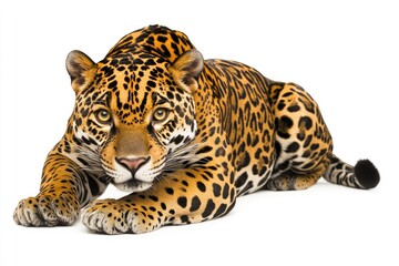 Obraz premium A jaguar lies in wait, its powerful body tense, eyes focused, and fur patterned with black rosettes.